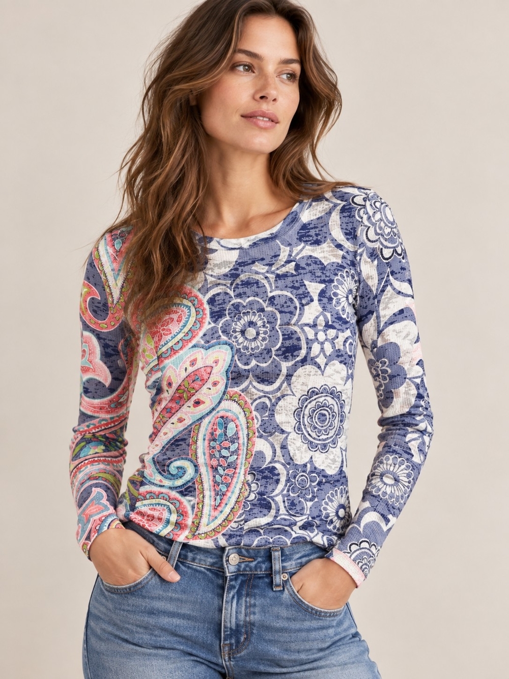 WHIMSY ROSE Mix Print Lightweight Waffle Thermal Long Sleeve Crewneck Shirt L